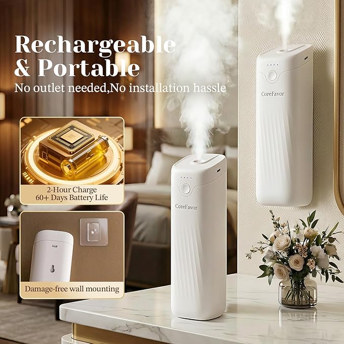 Waterless Essential Oil Diffuser (M60) with 120ml Oil, Portable Battery-Operated Cold Air Aroma Scent Machine, 4 Adjustable Intensity Levels, Quiet Diffuser for Bedroom Office Car (Luxury)