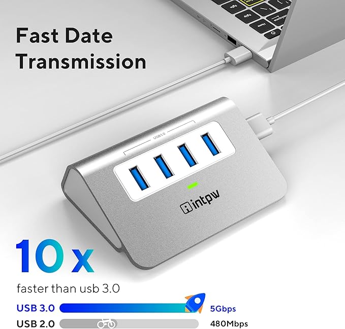 intpw USB 3.0 Hub, Aluminum 4 Port USB Data Hub 3.0 Port Extender Splitter Multiport Adapter with 3.3ft Cable ，USB HUB for PC/Laptop/Xbox/FlashDrive/Printer/Camera/Keyborad/Mouse