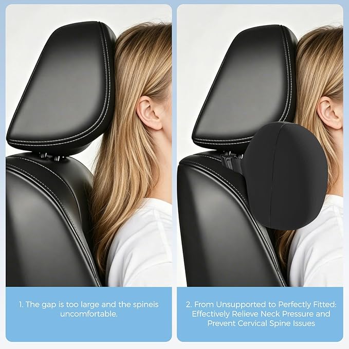 BABUR Car Headrest Pillow, 100% Memory Foam Softness Neck Support Pillow, Universal Fit Head Rest Travel Pillow for Pain Relief While Driving, Breathable Washable Cotton Fabric (Black)
