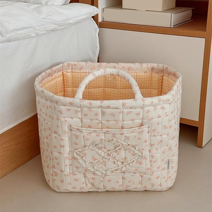Floral Fabric Storage Basket Car Interior Storage Basket Underwear Sundries Laundry Baskets Supplies Home Organizer Bag (white bow)