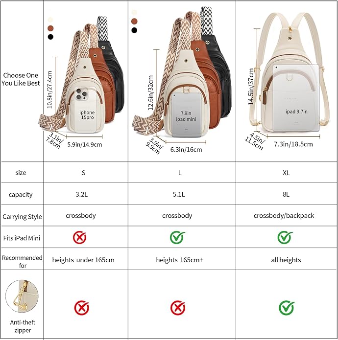 OSOCE Crossbody Bags for Women Sling Bag Anti Theft PU Leather Travel Chest Purse Small Adjustable Strap Fits Large Phone