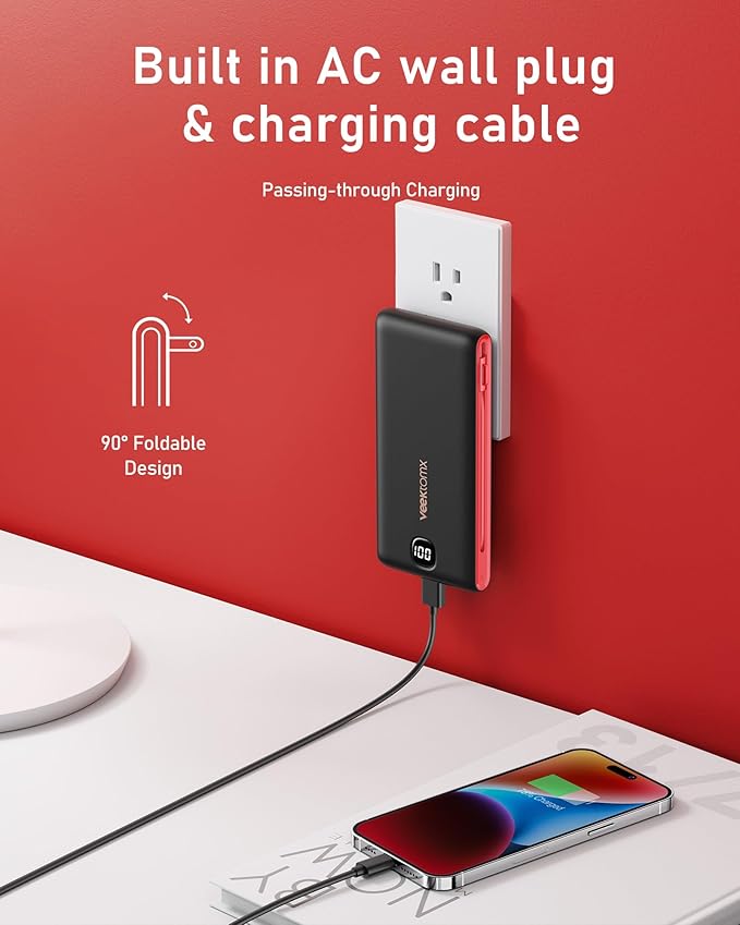 VEEKTOMX Portable Charger with Built in Cables 10000mAh, Power Bank for iPhone with AC Wall Plug, Fast Charging USB C Slim Battery Pack with LED Display Compatible with iPhone 17/16/15, Samsung