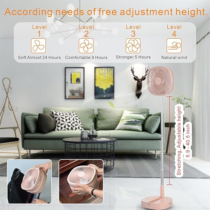 Magesh Portable Pedestal Fan - Foldaway Standing Fan Foldable Desk Fan, Use 7200Mah Rechargeable Battery, Remote Control Telescopic 4 Speed Quiet Timer Fan for Home Kitchen Outdoor Camping (Pink)
