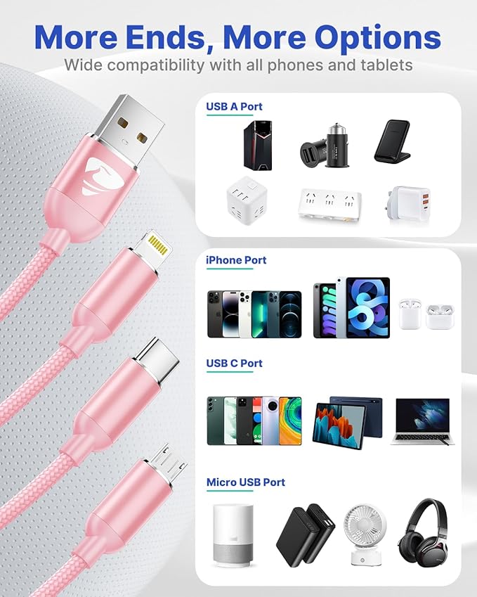 Aioneus Multi Charging Cable, 2Pack 4FT Multi Charger Cable Universal 3 in 1 Charging Cord Nylon Braided Multiple USB Adapter with Type-C, Micro USB Port Connectors for Cell Phones and More (Pink)