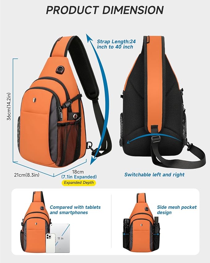 Expandable Sling Bag for Women, Anti-Theft Crossbody Bag with Side Pocket & Earphone Hole, Hiking Chest Pack for Travel, College & City Commute, Fits 11 inch iPad, Switch 2, Orange