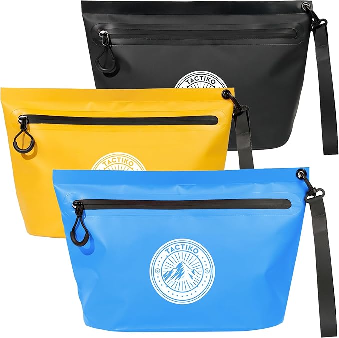 Tactiko 3L Water Resistant Pouch - Waterproof Material w/Splashproof Zipper - Hold All Zipper Bag for Storage, Toiletries, Travel, Beach, Cruise, Home (3, Blue/Yellow/Black) | Collapsible