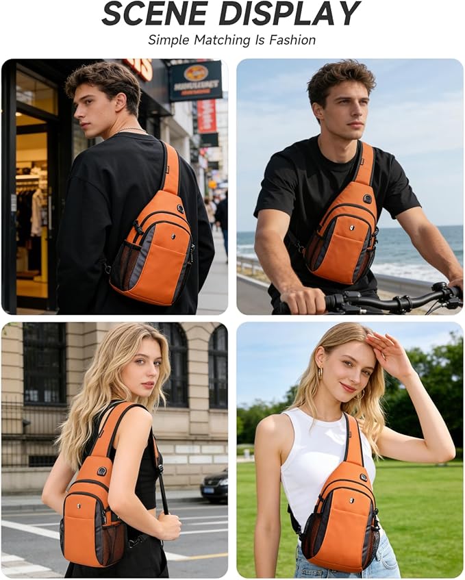 Anti-Theft Sling Bag for Men & Women, Water Resistant Crossbody Backpack, Travel Hiking Chest Pack Fits 11 inch iPad & Switch 2, Orange with Side Pocket