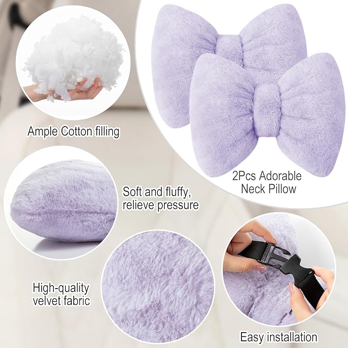 Macarrie 2 Pcs Car Neck Pillow Velvet Bow Headrest Pillow Soft Comfortable Seat Neck Support Cute Bow Car Accessories for Driving Travel Driver Chair Girl Style Interior Decor(Solid,Purple)