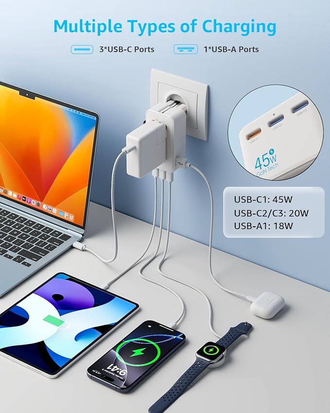 “Air” Universal Travel Adapter, Slim International Travel Plug Adapter with 3 USB-C(GaN 45W) ＆ 1 USB-A Ports, All in One Portable Adaptor, for USA, UK, EU, AU ＆ 224+ Countries (White) US