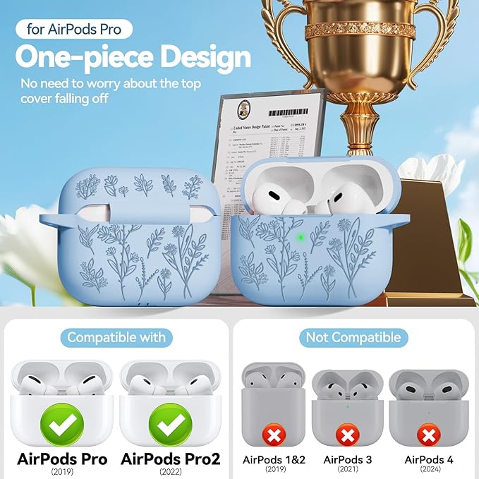 Flower Engraved Case for Apple AirPods Pro 2nd/1st Generation, Soft Silicone AirPods Pro 2 Gen Protective Cover for Women Airpod Cases with Clean Kit,Carabiner,Front LED Visible,Light Blue