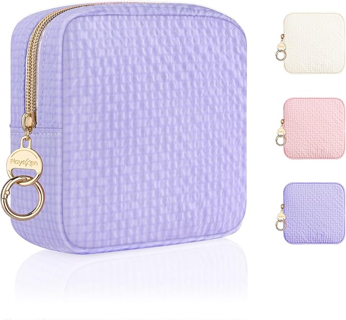 Plaid Period Bag, Small Period Pouches for Teen Girls, Quilted Sanitary Napkin Storage Bag, Compact Discreet Pad and Tampon Holder for Purse (Mini Plaid-Purple)
