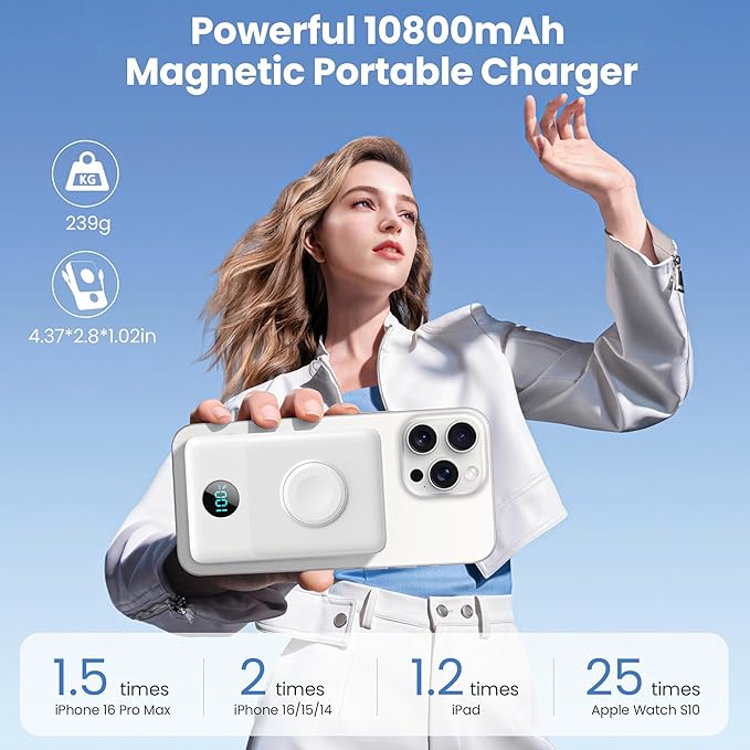 Ekrist Magnetic Portable Charger for MagSafe with Built-in Cable,iWatch Charger,Wireless Power Bank Travel Essentials,25W Fast Charging Battery Pack for iPhone 17/16/15,Apple Watch(White,10800mAh)