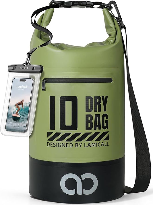 Lamicall Waterproof Dry Bag with Phone Pouch, Floating Roll Top Backpack, 10L, Green