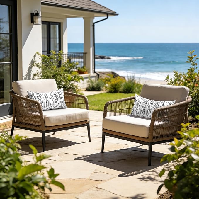 LVTXIII Set of 2 Patio Lumbar Pillows, 12”x20” Fade Resistant Outdoor Lumbar Pillow with Inners, Fluffy Decorative Garden Lumbar Cushions for Home Patio Coach Sofa Use, Herringbone Black White