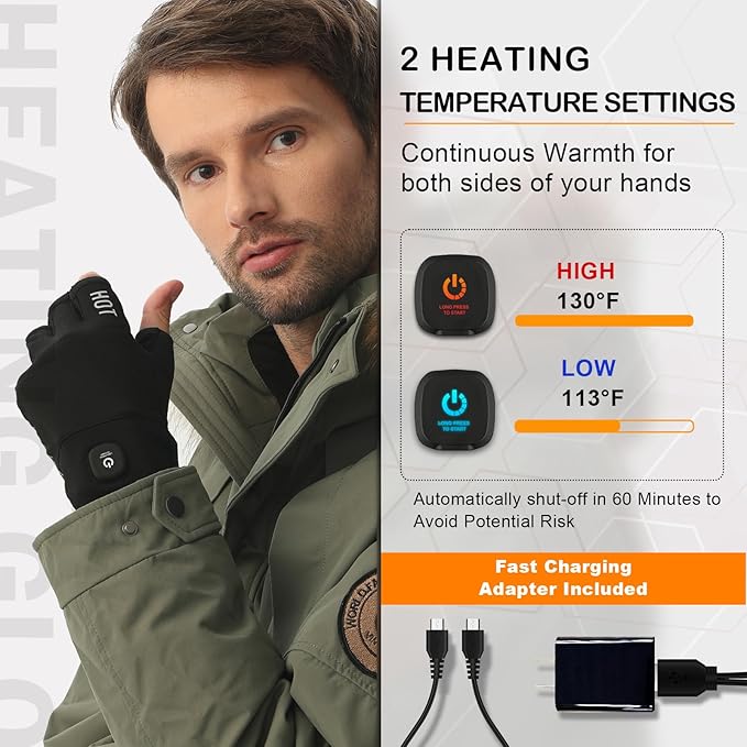 uncn Heated Gloves Fingerless for Women Man with 3.7V 3000mAh Battery Cordless Work Touchscreen Gloves for Winter Cold Weather Rechargeable Electric