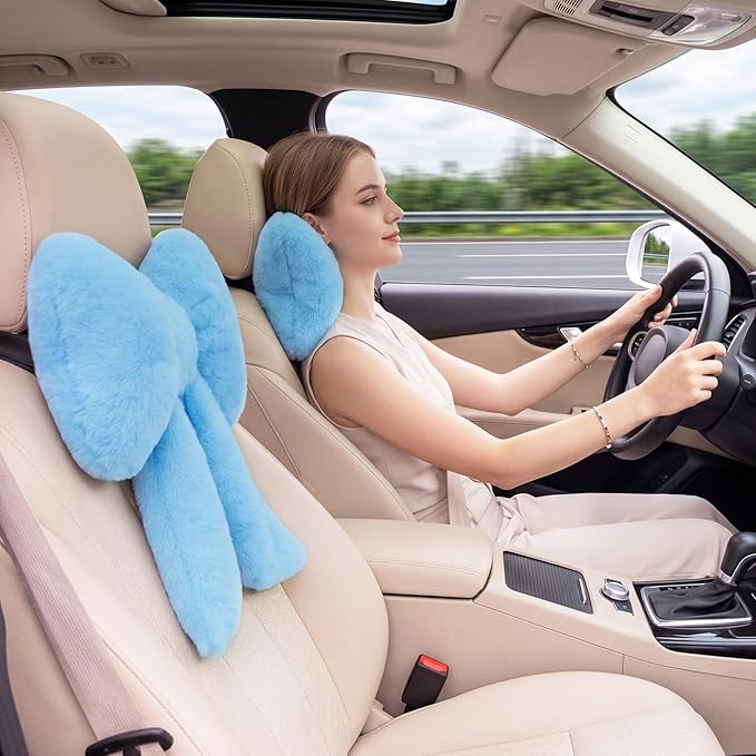 Macarrie 2 Pcs Car Neck Pillow Plush Butterfly Bow Car Headrest Pillow Comfortable Seat Neck Support Cute Head Rest Accessories for Driving Travel Driver Chair Girl Interior Decor (Blue,Solid)