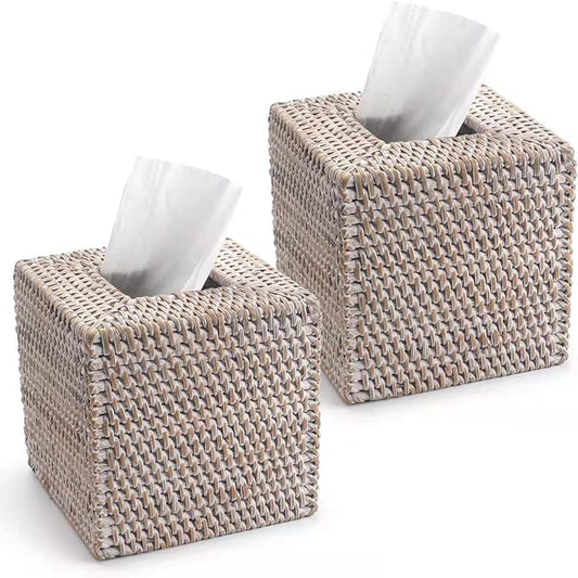 2 Pack Rattan Tissue Box Cover Square, Hand Woven Wicker Tissue Holder, 5.5 x 5.5 X 5.7 inch, Whitewash