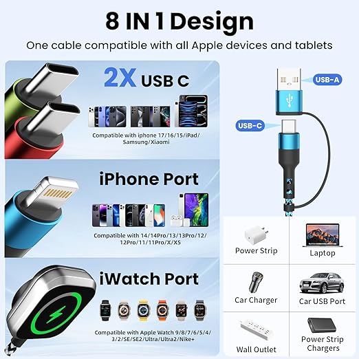 Travel Essentials,USB A/C 4 in 2 Multi Charging Cable for i Watch Charger/Type C Charger/IP Port,Travel Chargers for Multiple Devices, Portable Designed for iWatch &iPhone 17-8 (2, Blue&Black, 5FT)