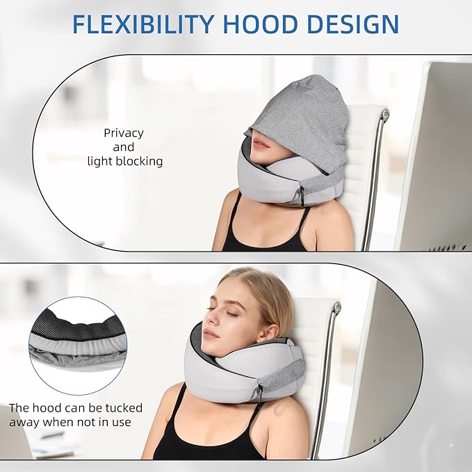 Travel Pillow, Hooded Neck Pillow Airplane for Sleeping, Memory Foam Traveling Pillow for Long Flights, Portable Plane Accessories(Light Gray)