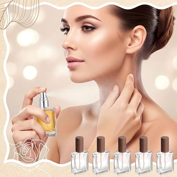 Domensi 30 Pcs 10/15/30/50 ml Glass Perfume Bottles Mini Glass Empty Spray Atomizer Bottles Bulk Refillable Perfume Dispenser Container with Pump Tool for Travel Skin Care (30 ml,Dark Woddy Color)