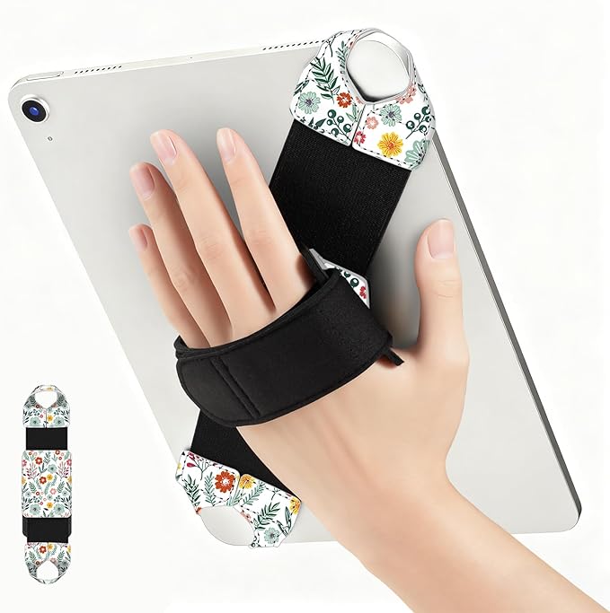 FINTIE Universal Tablet Hand Strap Holder for 9-11 Inch Tablets eReaders, 360 Degrees Swivel PU Leather Secure Portable Adjustable Handle Grip for iPad, Galaxy Tab and 9-11" Tablets (Spring Bloom)