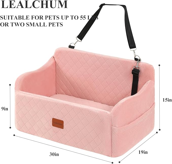 Lealchum Dog Car Seat for Medium/Large Dogs,2 Clip-On Safety Leashs for 2 Small Dogs,Removable and Washable Comfy Pet Car Seat,Easy to Install and Clean (Pink, Large)