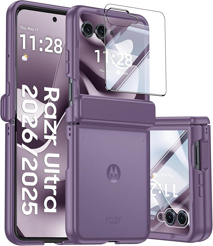 for Motorola Razr Ultra 2026 Case/Razr Ultra 2025 Case with Hinge Protection, Screen Protector, Skin Feel Translucent Frosted, Shockproof Slim Cover for Razr Ultra 2026/2025 -Purple