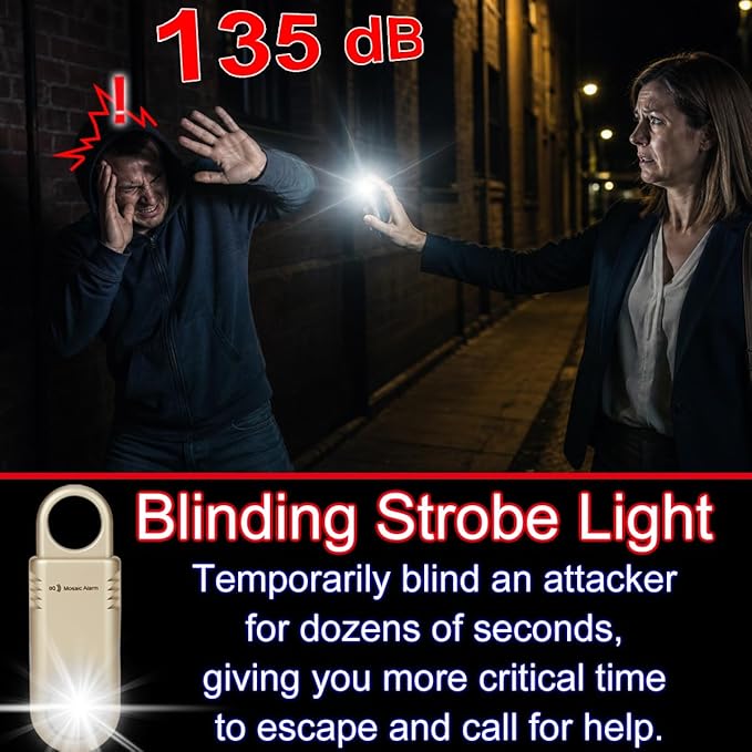 135dB Rechargeable Personal Safety Alarm Built-in Ultra-Bright Flashlight Non Slip Grip Keychain Emergency SOS Siren for Women, Students, Night Runner. Loud Sound Hiking Bear Alerts with Hook. Gold