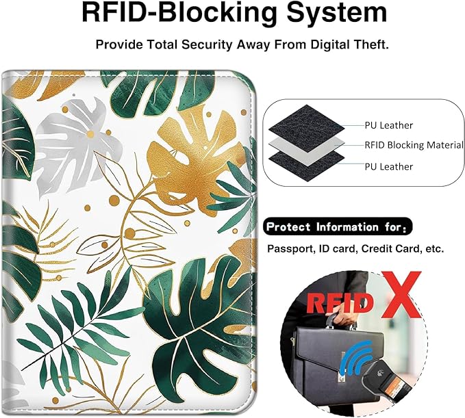 Passport Wallet, Passport Holder with RFID Blocking and Luggage Tag, Waterproof PU Leather Travel Documents Organizer Case, Passport Covers with Card Slot for Women & Men, Tropical Leaves Botanical