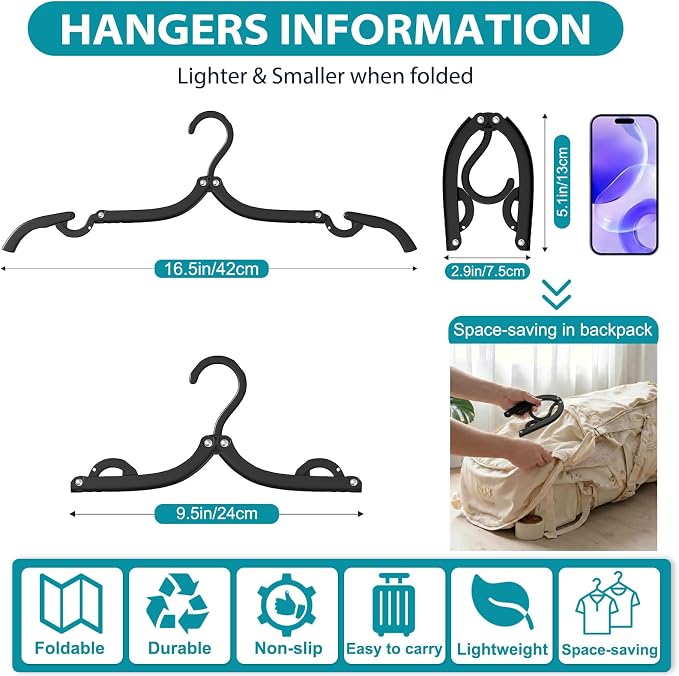 10 Pcs Travel Hangers Portable Foldable Travel Hanger Organizer, Plastic Cruise Ship Accessories Essentials 2026 Clothes Hanging Rack Folding Hangers for Travel Camping Fly RV Europe Suitcase, Black