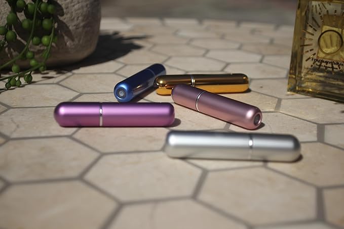 Portable Travel Size Mini Refillable Spray Perfume Atomizer Bottle 5 pcs and 5 colors (Lavender, Rose, Azure, Gold, Silver) Leak-Proof Aluminum for Perfume/Cologne