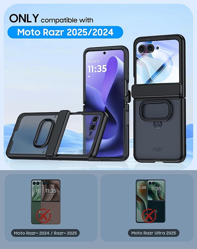 for Motorola Razr 2025 Case/Razr 2024 Case with Ring Holder & Screen Protector & Hinge Protection, Skin Feel Matte PC, Shockproof Phone Cover for Razr 2025/2024-Black (NOT for Plus/Ultra)