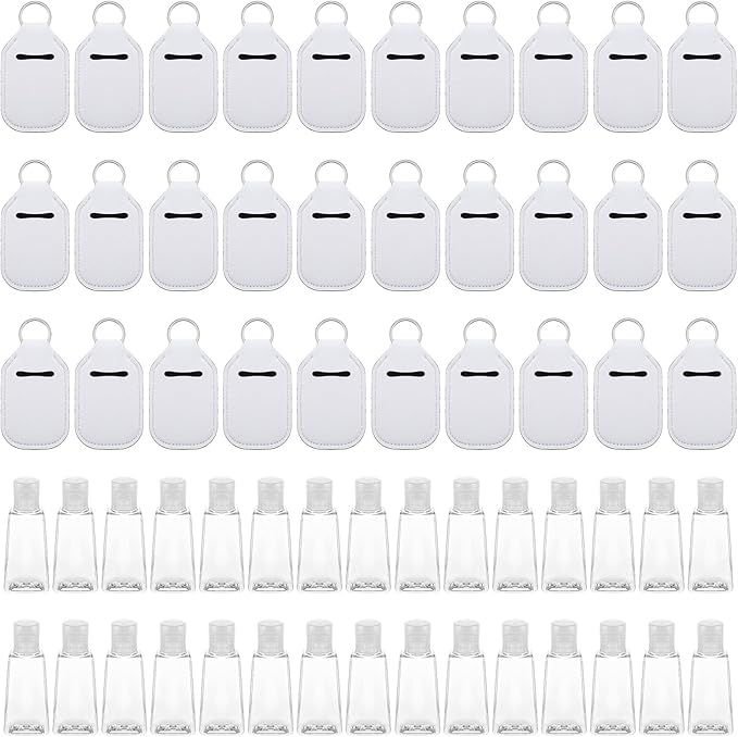 Lemecima 60 Pcs Hand Sanitizer Keychain Holders Set with 30 Pieces Hand Sanitizer Holder and 30 Pieces Empty Refillable Travel Bottles Keychain Holder for Backpack and Purse DIY Ornament Supplies