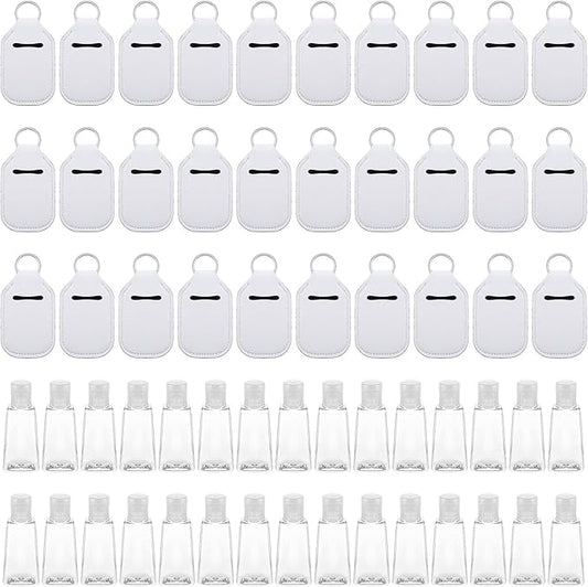 Lemecima 60 Pcs Hand Sanitizer Keychain Holders Set with 30 Pieces Hand Sanitizer Holder and 30 Pieces Empty Refillable Travel Bottles Keychain Holder for Backpack and Purse DIY Ornament Supplies
