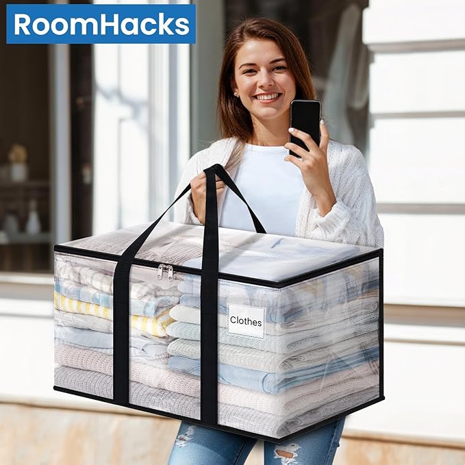 RoomHacks Clear Heavy Duty Extra Large Moving Bags, Reinforced Handle and Double Zipper Storage Bags, Packing Bags Alternative (4 Packs)
