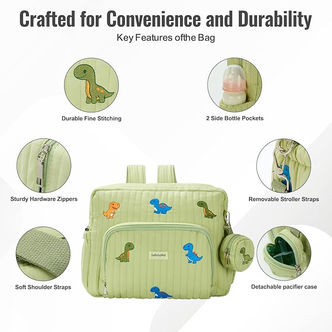GOBABYMART Diaper Bag Backpack with Changing Pad - Travel Baby Bag, Insulated Bottle Pockets, Stroller Straps (Medium - Green Dinosaurs)