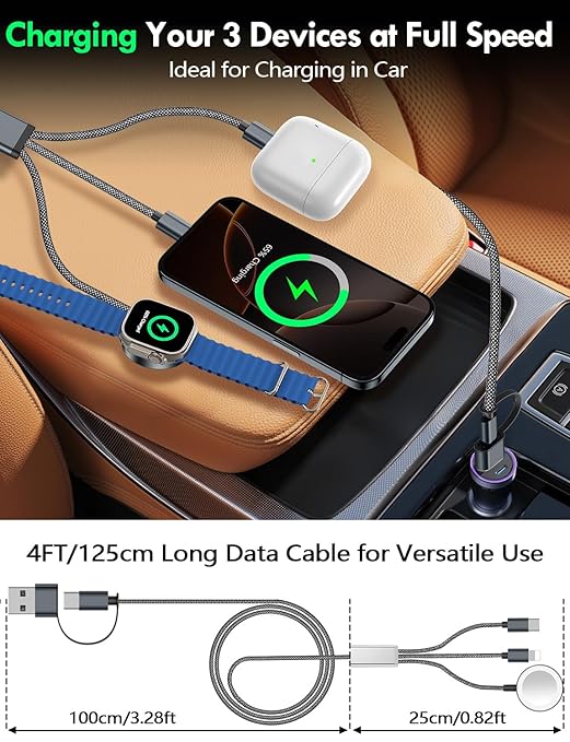 Travel Essentials for Apple Watch Charger,iPhone Charger,3 in 2 Type C/Lightning/Magnetic Travel Charging Cable,Portable Multi Charging Cable for Apple Watch, iPhone 17‑11,Samsung S26,Car,iPad-4FT