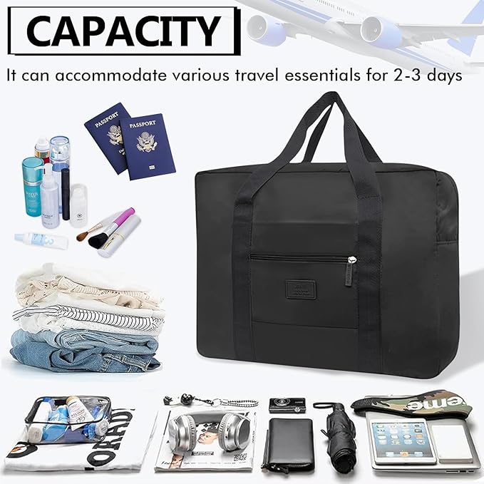 Travel Duffel Bag Carry on Luggage Bag Foldable Travel Tote Bag Waterproof Sports Gym Lightweight Large Weekender Overnight Bag for Women and Men (Black+Blue)