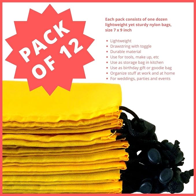 PALTERWEAR Drawstring Pouch (7 x 9 Inch, 12 Pack, Yellow) Nylon Cinch Bag with Toggle for Travel, Gym and Storage
