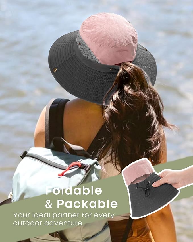 FURTALK Womens Sun Hat with Ponytail Hole Beach Hiking Summer Wide Brim UPF 80+ Outdoor Protection Foldable Bucket Hat