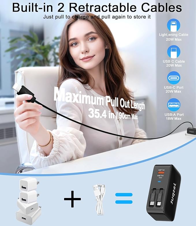 4 in 1 Retractable Wall Charger with Dual Cables,40W Retractable Phone Charger Wall Plug with Dual USB Ports,20W USB C Chargers Block Fast Charging for iPhone 17 16 15 14 13,LG, Galaxy S24 23,Pixel
