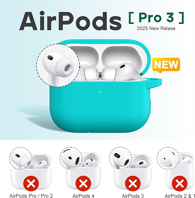 R-fun for AirPods Pro 3 Case (2025), Soft Silicone Protective Case Cover Compatible with Apple AirPods Pro 3rd Generation (USB-C Cable) for Women Men with Cleaning Kit and Keychain, Teal