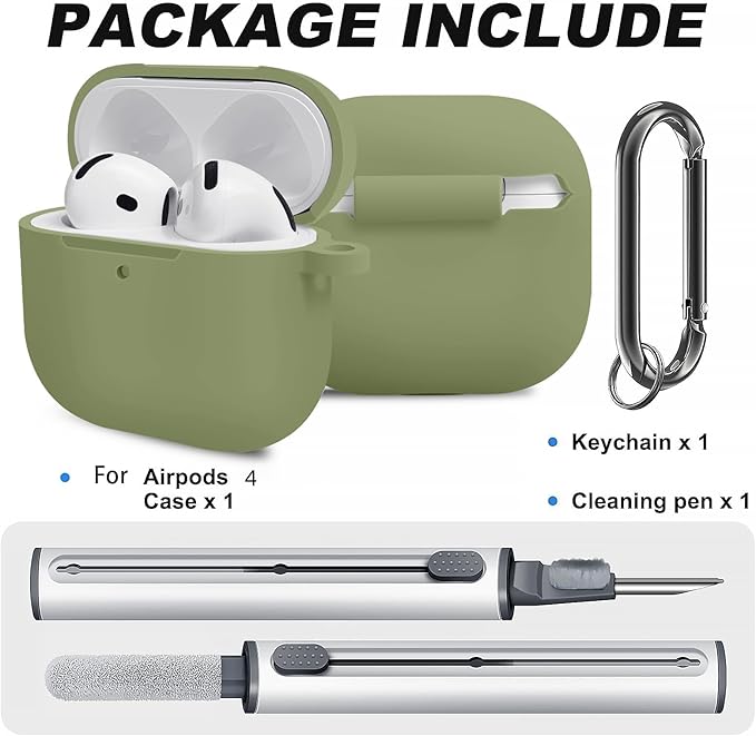 for Airpods 4th Case Cover,Come with Cleaner Kit,Soft Skin Silicone Case Cover with Keychain,Full Protective Case for Men and Women,Compatible with AirPods 4th Generation Case,Army Green