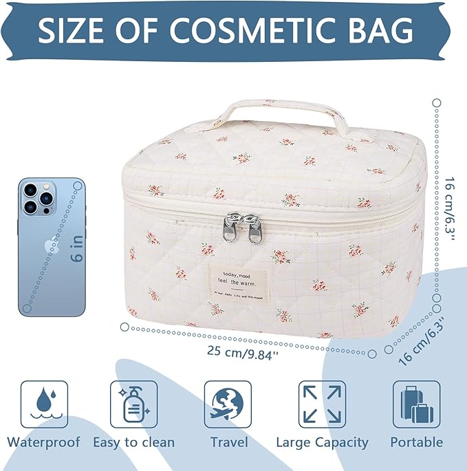 Gosect Large Travel Quilted Makeup Bag for Women,Big Floral Cotton Cosmetic Bag, Cute Coquette Aesthetic Floral Toiletry Organizer Bag (Plaid-Flower)