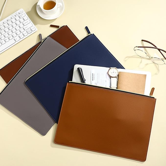 PU Leather A4 File Folder Zipper Document Holder Envelope Folder Case for Receipt Contract (Blue)