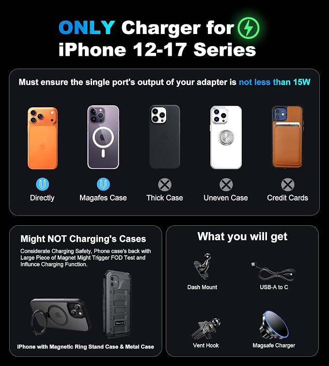 BHHB for Magsafe Car Mount Charger, [2026 Upgrade] 15W 2in1 Magnetic Wireless Car Charger, fits for Magsafe Car Charger, Vent/Dashboard Phone Holder for iPhone 17 16 15 14 13 12 Series(Cyan)