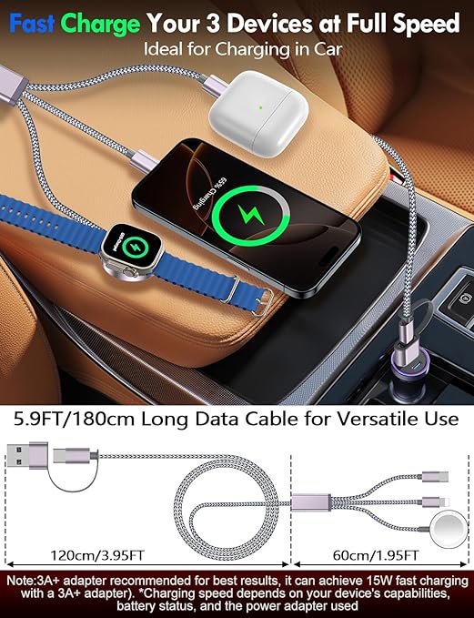 Travel Essentials for Apple Watch Charger,iPhone Charger,3 in 2 Type C/Lightning/Magnetic Travel Charging Cable,Portable Multi Charging Cable for Apple Watch, iPhone 17‑11,Samsung S26,Car,iPad-6FT