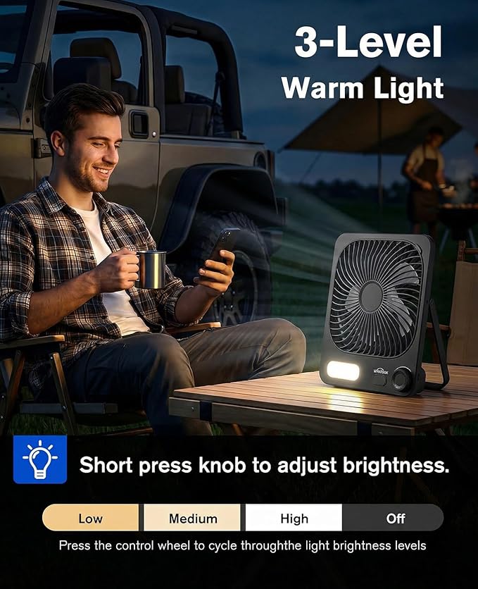 WHATOOK Small Desk Fan Rechargeable - 10000mAh Battery Operated Portable Fan with 100 Speeds & Night Light, Ultra Quiet Personal Desktop Fan for Bedroom, Office, Camping & RV Tent (Black)