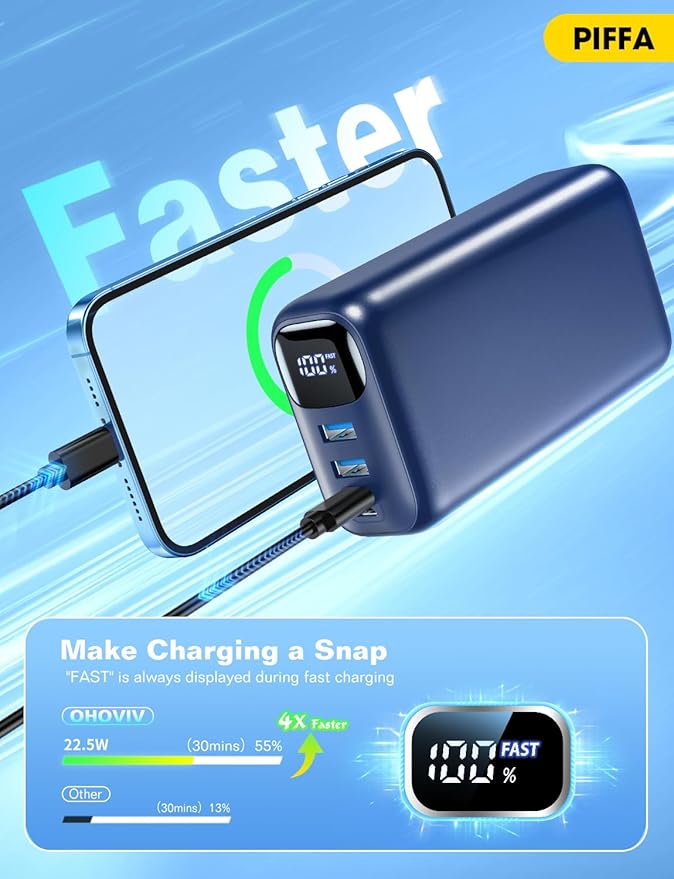 PIFFA Portable Charger Power Bank - 50000mAh Battery Pack, 22.5W Fast Charging Powerbank,Travel Essential for Portable Phone Charger, USB-C Phone Charger for iPhone 17/16/15/14/13 Samsung-Dark Blue