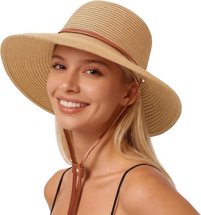 Beach Hat for Women, Wide Brim Sun Straw Hats for Women, Sun Hat Womens UPF 50+ UV Protection, Floppy Foldable Summer Hats